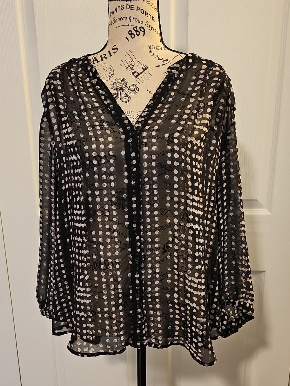 Women’s Black Polka Dot Sheer Button-Front Blouse
